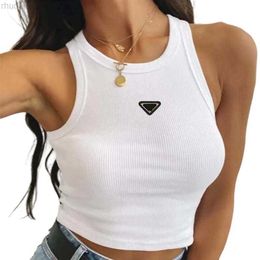 Hot Pr-a Summer White Women T-shirt Tops Tees Crop Top Embroidery Sexy Shoulder Black Tank Casual Sleeveless Backless Shirts Luxury Designer Solid Colour Vest 5D0Z