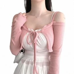 korejepo Korea New Sweet Coats Pink Sexy Women Off Shoulder Lace Up Short Slim Top 2023 Outerwear Casual Cardigan Fi j2tq#