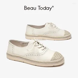 Casual Shoes Fisherman Women Cow Leather Espadrille Brogue Decor Round Toe Lace-Up Oxfords Ladies Flats Handmade BeauToday 23426