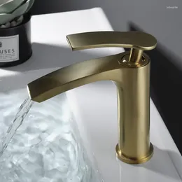 Bathroom Sink Faucets Faucet Solid Brass Single Lever Decked Brush Gold And Cold Waterfall Tap Mixer