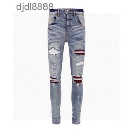 Men's designer pants High Street Trendy Brand New AMR Worn Out Hole Splitting Leather Patch Jeans for Mens Elastic Slim Fit and Feet