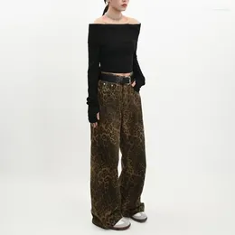 Women's Jeans Leopard Print American Retro Wide Leg Pants For Women Dark Brown Straight Tube Trousers 2024 Autumn Winter In