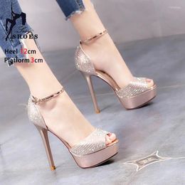 Sandals Gold Bling Women 2024 Sexy Peep Toe High Heels 12CM Ankle Strap Party Wedding Shoes Luxury Rhinestone Summer