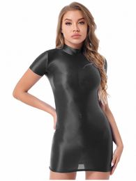 womens Shiny Glossy Short Sleeve Mock Neck Mini Pencil Dr Sexy Night Out Club Party Bodyc Clubwear Costume A5jP#