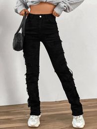 Women's Jeans Casual Black Stacked Pants For Women Elastic Waist Destroyed Washed Patchworks Skinny Fit Female