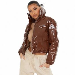 winter Women Cute Shiny PU Leather Puffer Jacket Warm Thick Bubble Coats Bright Leather Parkas Down Red PU Zipper Cropped Puffer F19Q#