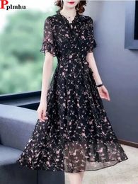 Oversized 6xl Chiffon Floral Midi Dress Women Summer Boho Robe Elegant Short/Long Sleeve Vestidos Korean Ruffle Neck Dresses 240321
