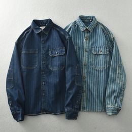 Vintage washed vertical stripe denim shirt mens loose large size cotton longsleeved shirt jacket 240326