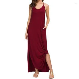 Casual Dresses Women Summer 2024 Solid Sexy V-Neck Long Dress Sleeveless Backless Midi Wine Red Strap Elegant Fashion