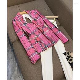 Women's Suits 2024Autumn And Winter Sexy Slim Backless Grid Cloth Elegant Women Square Neck Hollow Plaid Rhinestone Blazer For Office Lady