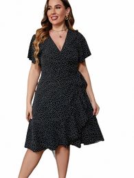 oversized V-neck Polka Dot Casual Ruffle Dr Short Sleeve Polyester Midi Dr Belted One Piece Party Plus Size Women Clothing v0ic#