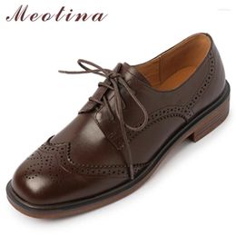 Casual Shoes Meotina Women Loafers Genuine Leather Flat Square Toe Lace Up Ladies Footwear Spring Autumn Brown Oxfords