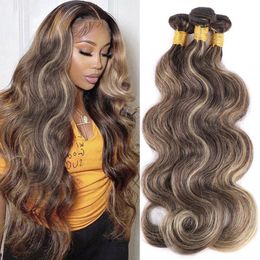 Brown Highlight Body Wave Human Hair Weave 3 Bundles Brazilian Remy Hair Ombre Blonde Human Hair Wavy Weaves Sew in Piano Colour