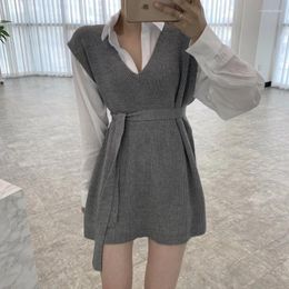 Casual Dresses SuperAen 2024 Spring Korean V-neck Loose Sleeveless Lace Up Waist Knitted Dress