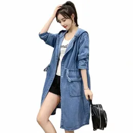 denim Windbreaker Overcoat Female Spring Autumn Loose Mid-Length Bandage Jeans Coat Solid Color Hooded Vintage Lady Denim Jacket 89tu#