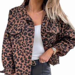 vintage Denim Jacket for Women Loose Leopard Jean Jacket Oversized Lg Sleeve Denim Coat Distred Lapel Shacket Denim Jacket J1gb#