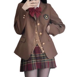 Fashion Coffee Brown JK Blazer Women Uniform Coat Jacket Anime Short Red Pleated Skirt Summer Spring Girls School Uniforms 240325