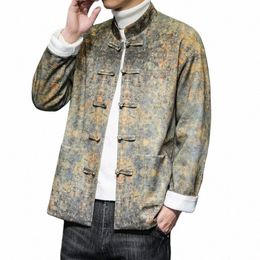 winter New Men's Vintage Standing Collar Print Plush Ethnic Clothing Butt Jacket Tang Suit Large Coat G6La#