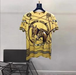 European and American men's 2023 summer new Round neck Short sleeve horse drill printing fashion Yellow T-shirt