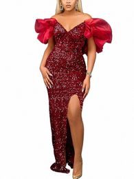 sexy Women Even Dr Sequin Off Shoulder Fluffy Sleeve High Slit Veet Robes Big Size Maxi Lg Formal Party Evening Prom Gown a0rB#