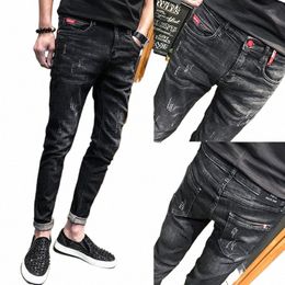 wholesale 2022 Spring Autumn Denim Jeans Men Hip Hop Slim Korean Thin Black Lg Pants Ripped Hole Casual Feet Trousers Homme N3ya#