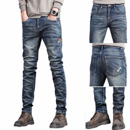 embroidered Jeans Men's Autumn Winter New Korean Fi Slim Little Feet Trousers Stretch Vintage Street Denim Trousers Male G3dW#