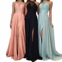 halter Neck Sleevel Women'S Dr Lace High Split Female Elegant Formal Dres Embroidery Party Evening Prom Gala Vestidos Q3U8#