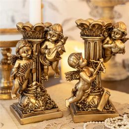 Candle Holders Resin Angel Candlestick European Retro Old Gold Holder Handmade Sculpture Cute Desktop Ornaments Home Decoration Gift
