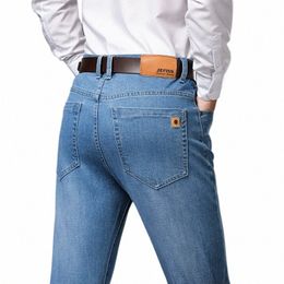 2023 Autumn Winter New Men's Light Blue Busin Jeans Plus Size 42 44 46 Stretch Denim Straight-leg Pants Male Brand Trousers P3xD#