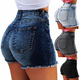 women's denim shorts Summer Lady Clothing High Waist Denim Shorts Women's Fringe Frayed Ripped Jeans Hot Shorts With Pockets 75Bf#