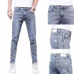 2023 Spring and Autumn New Fi Solid Color Holes Small Feet Pants Men Casual Slim Comfortable Elastic High-Quality Jeans 36 53wu#