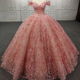 Pink Quinceanera Dresses Princess Ball Gown Sweet 16 Dress Off The Shoulder Applique Lace Tull Puffy Prom Dress Birthday