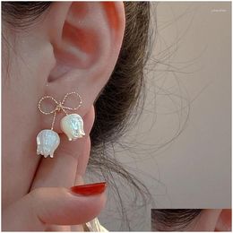 Stud Earrings Elegant White Shell Tip Bowknot Gold Colour Dangle For Women Personality Fairy Bow Young Girls Charm Jewellery Ol Drop Deli Otckc