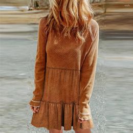 Casual Dresses Chestnut Textured Tiered Ruffled Long Sleeve Mini Dress Women O Neck Pullover Party Vestidos Fit Slight Strech