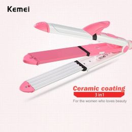 Irons KEMEI 3 in 1 Ceramic Straightener Curler Hair Iron with Comb Corn Clip Curling Iron Straightening Iron prancha hot comb KM1213