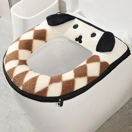 Toilet Seat Covers Non-fading Mat Flannel Cushion Plush Cartoon Dog Cover Thicken Bathroom Pad Set With Zipper For A