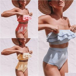 Women'S Swimwear Womens Women Y Push Up Bikinis Irregar Stripe Fal High Waist Two Piece Swimsuit Beach Style Bathing Drop Delivery Ap Dhwhv