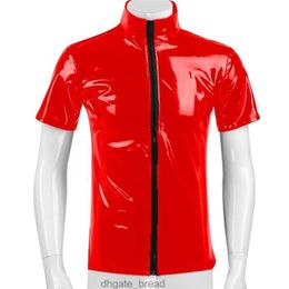 Mens T-Shirts Mens Sexy Glossy PVC Leather short-sleeved Shirt Erotic Shaping Latex Casual Coat Male Shiny Metallic Patent Leather Tops Sexi