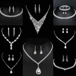 Wertvolles Labordiamant-Schmuckset Sterlingsilber-Hochzeits-Halsketten-Ohrringe für Frauen-Braut-Verlobungs-Schmuck-Geschenk J4bG #