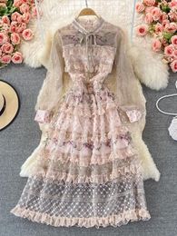 Casual Dresses High Quality Sweet Girls Flower Embroidery Dress Women Gorgeous Foral Cascading Ruffles Lace Mesh Dot Stand Bow Party