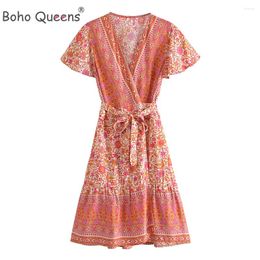 Party Dresses Boho Queens Women Pink Floral Print Cross V-neck Beach Wrap Mini Dress Ladies Short Sleeve Rayon Cotton Bohemian