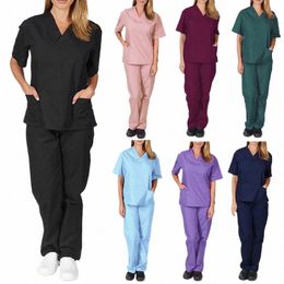 2pcs Women's Stretch Uniform Summer Scrub Set V Neck Top Cargo Tapered Jogger Pants Nurses Healthcare Short Sleeve Thin Sets 21u4#