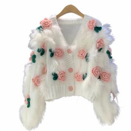 new Arrival Fi Cardigan Autumn New Warm Soft Waxy Advanced Sweater Embroidered Three-dimensial Rose Knitwear Top j4K9#