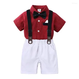 Clothing Sets Children Formal Clothes Suit Kids Stripe Short Sleeve Shirt With Bowtie Suspender Pants Toddler Baby Boys Gentleman Outfit