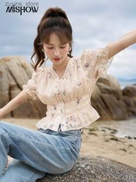 Women's T-Shirt MISHOW Short Sleeved Embroidered Flower Blouses Summer 2023 Ruffles French Chic V-neck Puff Sleeve Waist Elegant Top MXC38X004824329