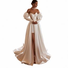 toofg Elegant Satin Wedding Dres Detachable Lg Sleeves Mini Lining Leg Slit Formal Bridal Gowns Lg Train Wedding Gowns q5fV#