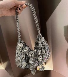 Evening Bags Women Rhinestone Designer Silver Sequins Chain Tassel Woven Bag Hollow Out Clutch Travel Shoulder Handbag