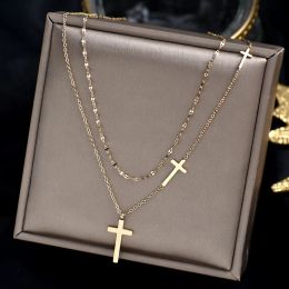 Necklaces Cross Double Layer Necklace Female Chocker Simple Double Layer Cross Necklace For Women 316L Stainless Steel No fade