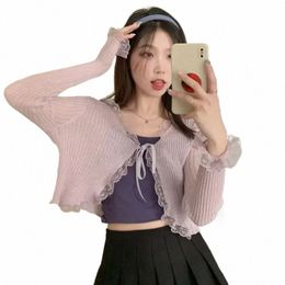 pink White Women Cardigans 2022 Fi Slim Ladies Knitted Sweater Top Lg Sleeve Lace Sweater Thin Shawl Lace Crop Top Coat U9SK#