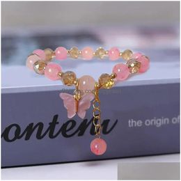 Chain Link Bracelets Exquisite Butterfly Bracelet Colorf Ceramic Crystal Handmade Pendant Stretch For Girls Aesthetic Jewellery Party Dh8Ng